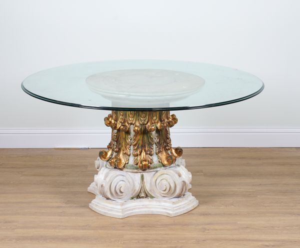 A 20TH CENTURY CIRCULAR GLASS TOP KITCHEN TABLE OR CENTRE TABLE