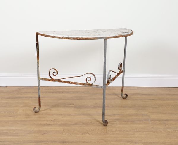 AN EARLY 20TH CENTURY WROUGHT IRON MARBLE TOPPED CONSOLE TABLE