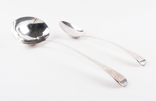 A SILVER OLD ENGLISH PATTERN SOUP LADLE AND A MATCHING OLD ENGLISH PATTERN BASTING SPOON (2)