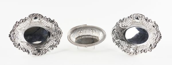 A PAIR OF SILVER BONBON DISHES AND A SILVER BONBON BASKET (3)