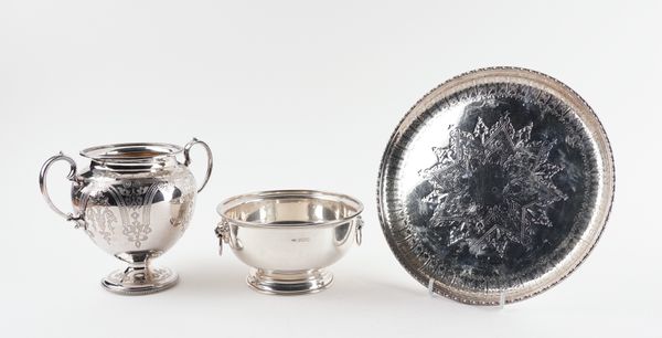 A SILVER TWIN HANDLED BOWL  AND TWO PLATED ITEMS (3)