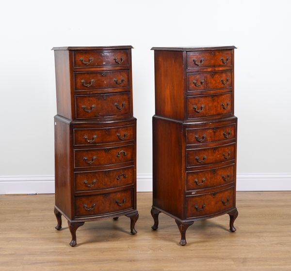 A PAIR OF 18TH CENTURY STYLE WALNUT BOW-FRONTED TALL CHESTS (2)