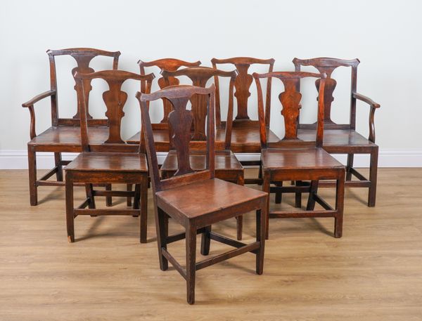 A SET OF EIGHT 18TH CENTURY OAK VASE BACK DINING CHAIRS (8)