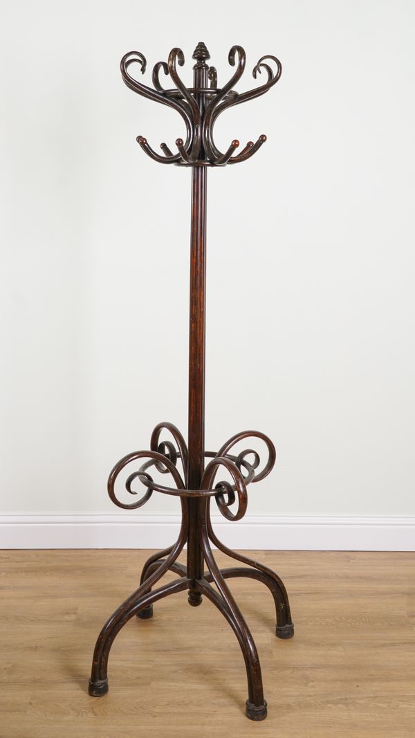 PROBABLY THONET; A MID-20TH CENTURY STAINED BEECH BENTWOOD COAT AND HAT STAND