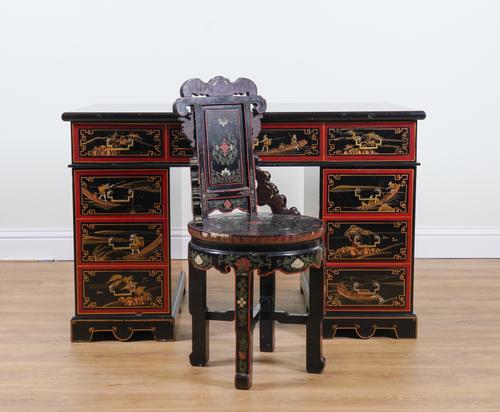 A MODERN CHINOISERIE DECORATED PEDESTAL DESK (2)