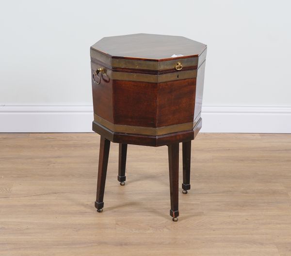 A GEORGE III BRASS BOUND MAHOGANY OCTAGONAL WINE COOLER