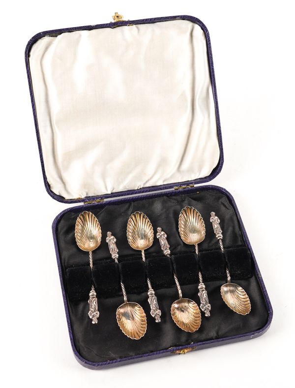 A SET OF SIX VICTORIAN SILVER COFFEE SPOONS AND A SET OF SIX TEA KNIVES AND A GEORGE III SILVER CHRISTENING KNIFE AND FORK (4)