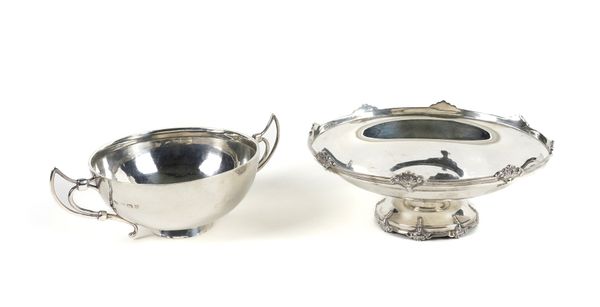 A SILVER TWIN HANDLED BOWL AND A SILVER SHAPED CIRCULAR DISH (2)