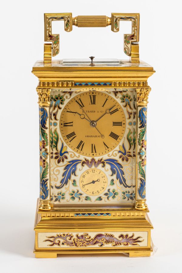 A FRENCH GILTBRASS, CLOISONNÉ ENAMEL, STRIKING AND REPEATING CARRIAGE CLOCK FOR THE CHINESE MARKET