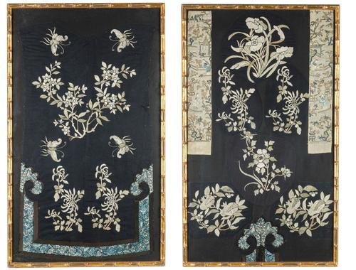 A PAIR OF GILT FAUX BAMBOO FRAMED CHINESE SILK EMBROIDERIES (2)
