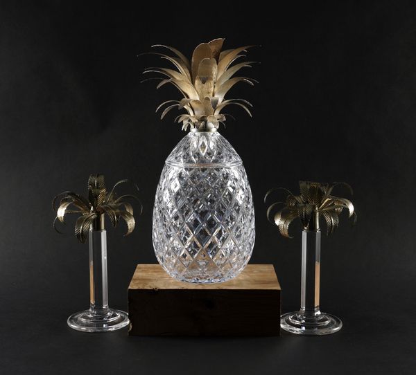 WILLIAM YEOWARD: A SILVER-PLATED AND GLASS 'ISADORA' PINEAPPLE CENTRE PIECE AND A PAIR OF CANDLESTICKS (3)