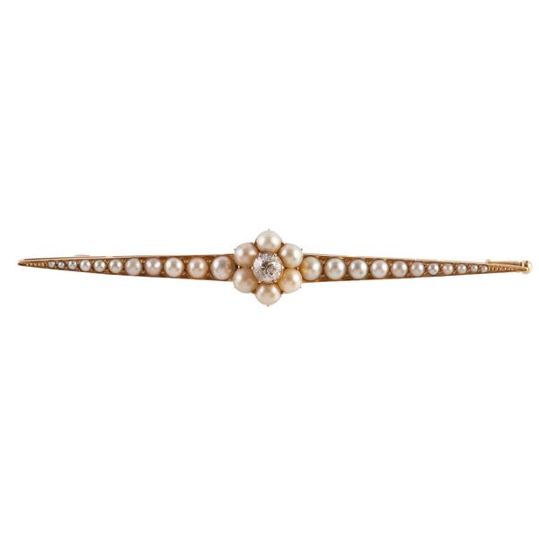 A PEARL AND DIAMOND FLORAL BAR BROOCH