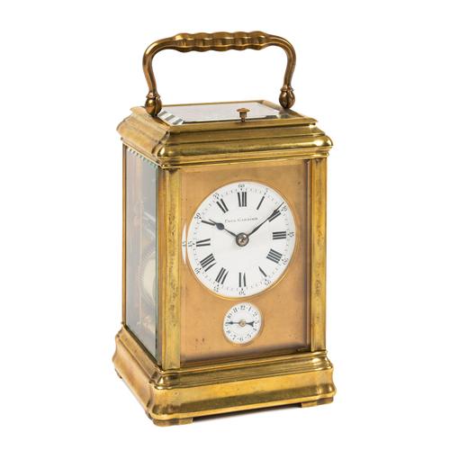 A FRENCH BRASS GORGE CASE PETITE SONNERIE STRIKING AND REPEATING CARRIAGE CLOCK
