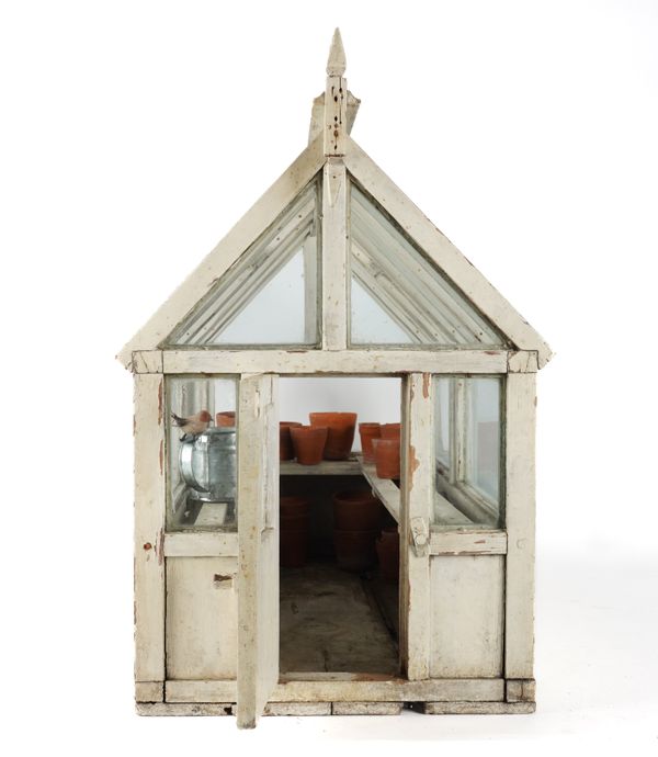 AN EARLY 20TH CENTURY VICTORIAN STYLE WHITE PAINTED MINIATURE GREENHOUSE