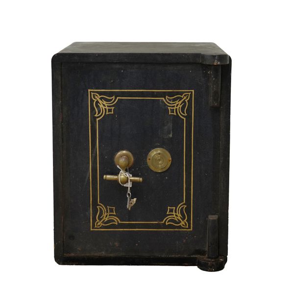 BRAMAH: A DARK GREEN AND BLACK PAINTED CAST-IRON SAFE