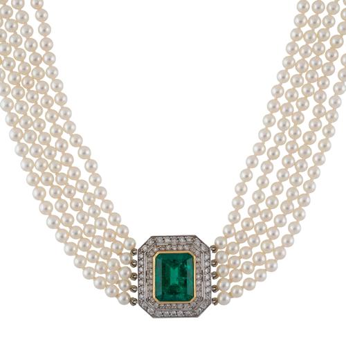 A STUNNING 10.15CT EMERALD DIAMOND AND PEARL NECKLACE BY CHARLES GREIG