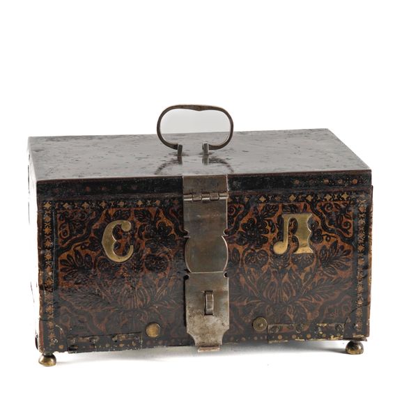 A DECORATED SHEET METAL COFFER OR DOCUMENT BOX