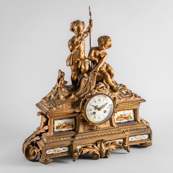 A FRENCH GILT METAL AND SÈVRES-STYLE PORCELAIN-MOUNTED MANTEL CLOCK