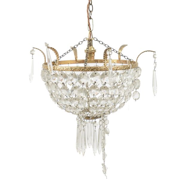 TWO ITALIAN EMPIRE STYLE GILT-METAL AND GLASS MOUNTED  'BAG' CHANDELIERS TOGETHER WITH A PAIR OF  HANGING PENDANT LIGHTS (5)
