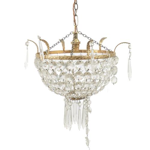 TWO ITALIAN EMPIRE STYLE GILT-METAL AND GLASS MOUNTED  'BAG' CHANDELIERS TOGETHER WITH A PAIR OF  HANGING PENDANT LIGHTS (5)