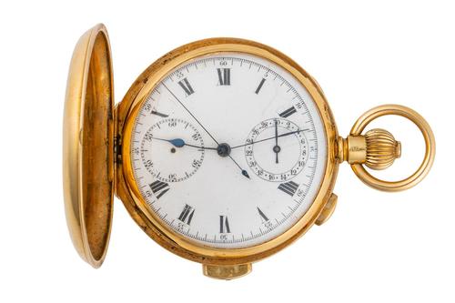 AN 18CT GOLD KEYLESS WIND HUNTING CASED GENTLEMAN'S QUARTER REPEATING POCKET WATCH