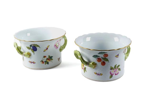 A PAIR OF HEREND `MARKET GARDEN' PATTERN OZIER MOULDED TWO-HANDLED JARDINIERES  (2)