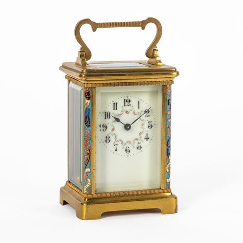 A FRENCH BRASS AND CLOISONNÉ ENAMEL CARRIAGE TIMEPIECE