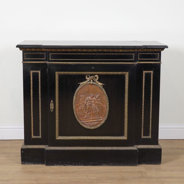 A 19TH CENTURY FRENCH MARBLE TOPPED GILT METAL MOUNTED EBONISED BREAKFRONT CUPBOARD