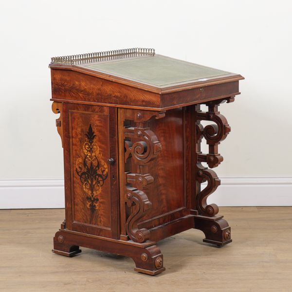 A VICTORIAN MARQUETRY INLAID MAHOGANY DAVENPORT