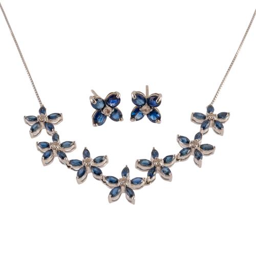 A SAPPHIRE AND DIAMOND FLORAL NECKLACE AND A PAIR OF EARRINGS (3)