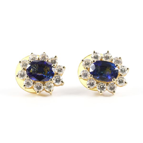 A PAIR OF SAPPHIRE AND DIAMOND OVAL CLUSTER EARSTUDS