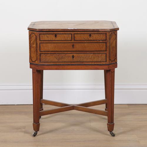 A REGENCY EBONY LINE INLAID SATINWOOD LIFT TOP TEA POY