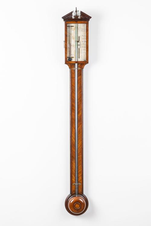 A GEORGE III MAHOGANY AND CHEQUER STRUNG STICK BAROMETER