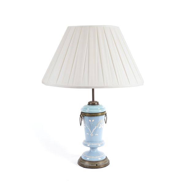 A FRENCH GILT-METAL MOUNTED PALE BLUE AND WHITE ENAMEL DECORATED CERAMIC TABLE LAMP