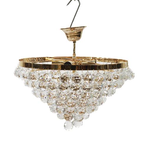 A GILT LACQUERED METAL AND FACETTED GLASS FOUR LIGHT CHANDELIER