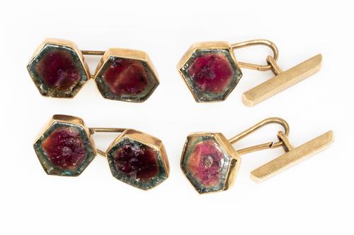 TWO PAIRS OF GOLD AND WATERMELON TOURMALINE CUFFLINKS (2)