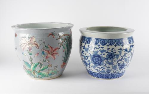 TWO MODERN CHINESE STYLE FISHBOWL JARDINIERES (2)