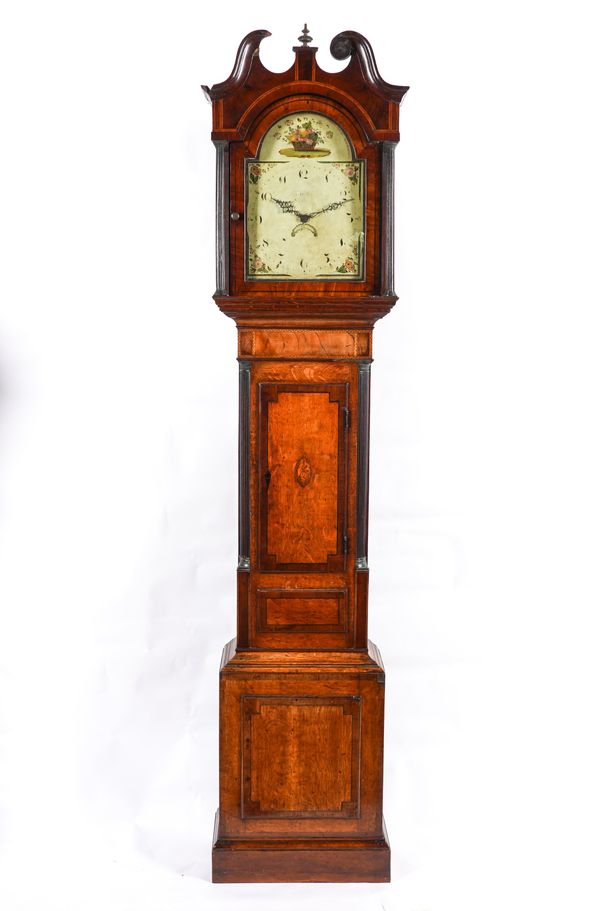 A LATE GEORGE III OAK, MAHOGANY AND OUTLINED THIRTY HOUR LONGCASE CLOCK