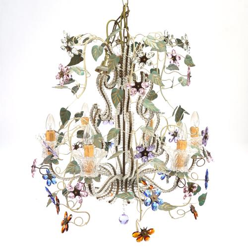 A PAIR OF 20TH CENTURY COLOURED GLASS SIX BRANCH CHANDELIERS (2)