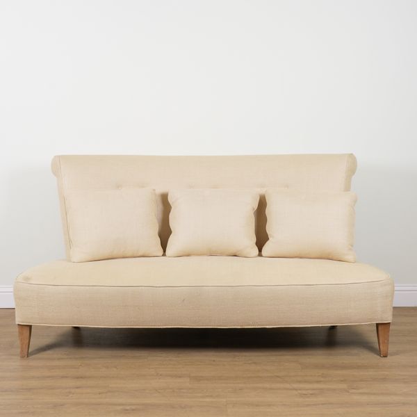 A MODERN BEIGE UPHOLSTERED HIGH BACK SOFA