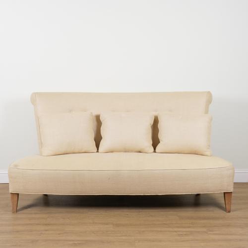 A MODERN BEIGE UPHOLSTERED HIGH BACK SOFA