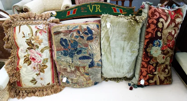 Two Aubusson tapestry cushions and two further cushions. (4)