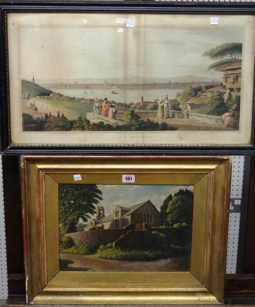 English School (early 20th century), View of a chapel, oil on canvas, together with a further oil of sheep grazing and a hand coloured lithograph of a