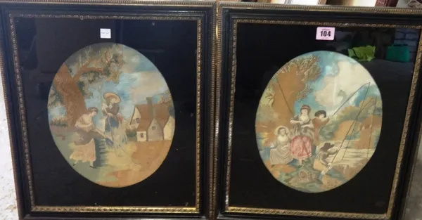 A pair of 19th century oval silkwork tapestries of rustic scenes.(2)