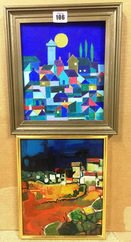 Two 20th century oils of a town and a village.(2)