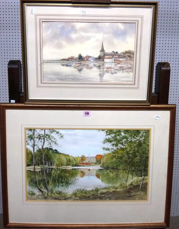 George Sear (20th century), View of a Chateau across a lake, watercolour, together with a further watercolour of Bosham by Angela Loader.(2)