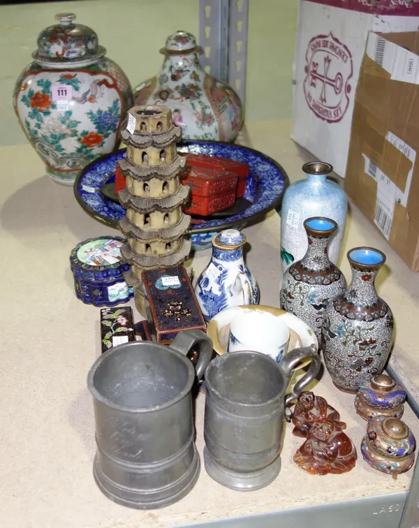 A quantity of Oriental works of art, including; a Japanese vase and cover, a Japanese cloisonné vase, a Chinese enamel bowl, two cinnabar lacquer boxe