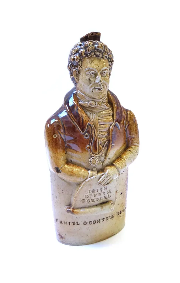 A 19th century Bournes potteries stoneware figural flask, incised 'Irish Reform Cordial, Daniel O'Connell Esquire', 20cm high.