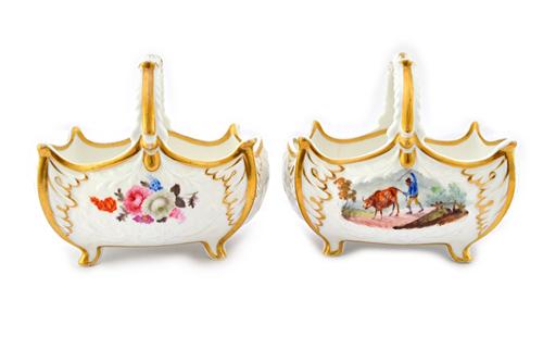 Two similar Ridgway porcelain small baskets, circa 1820-30, of shaped rectangular form with overhead handles, one painted with with flowers and the ot