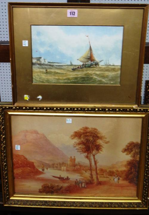 English School (19th century), vessels off the coast, watercolour; together with a watercolour lake scene by another hand.(2)